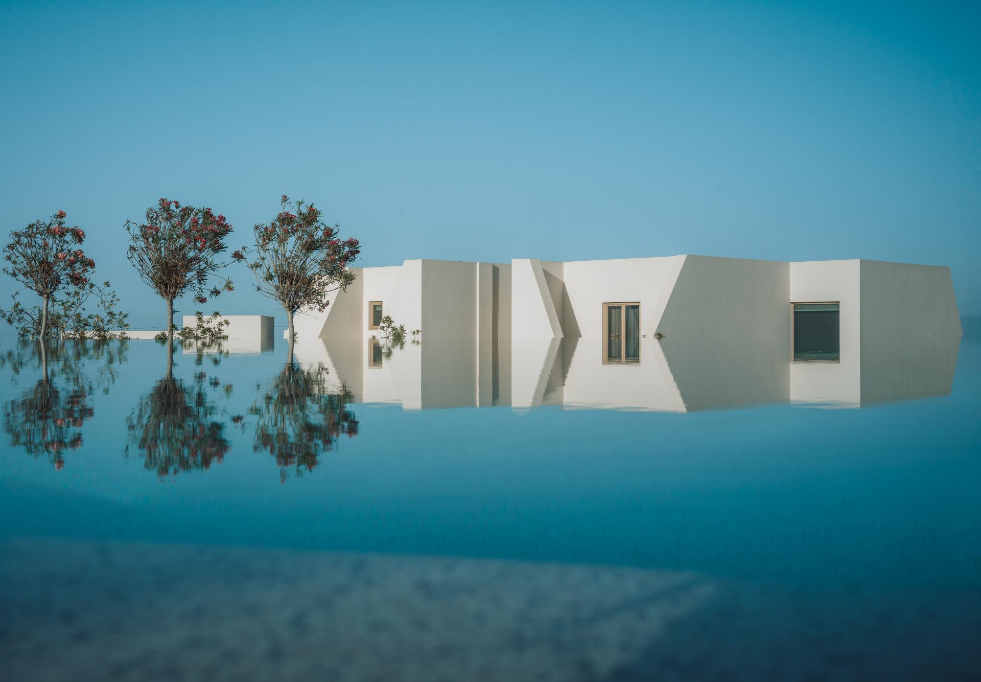 Modern white buildings with angular designs and flowering trees reflected on a still water surface.