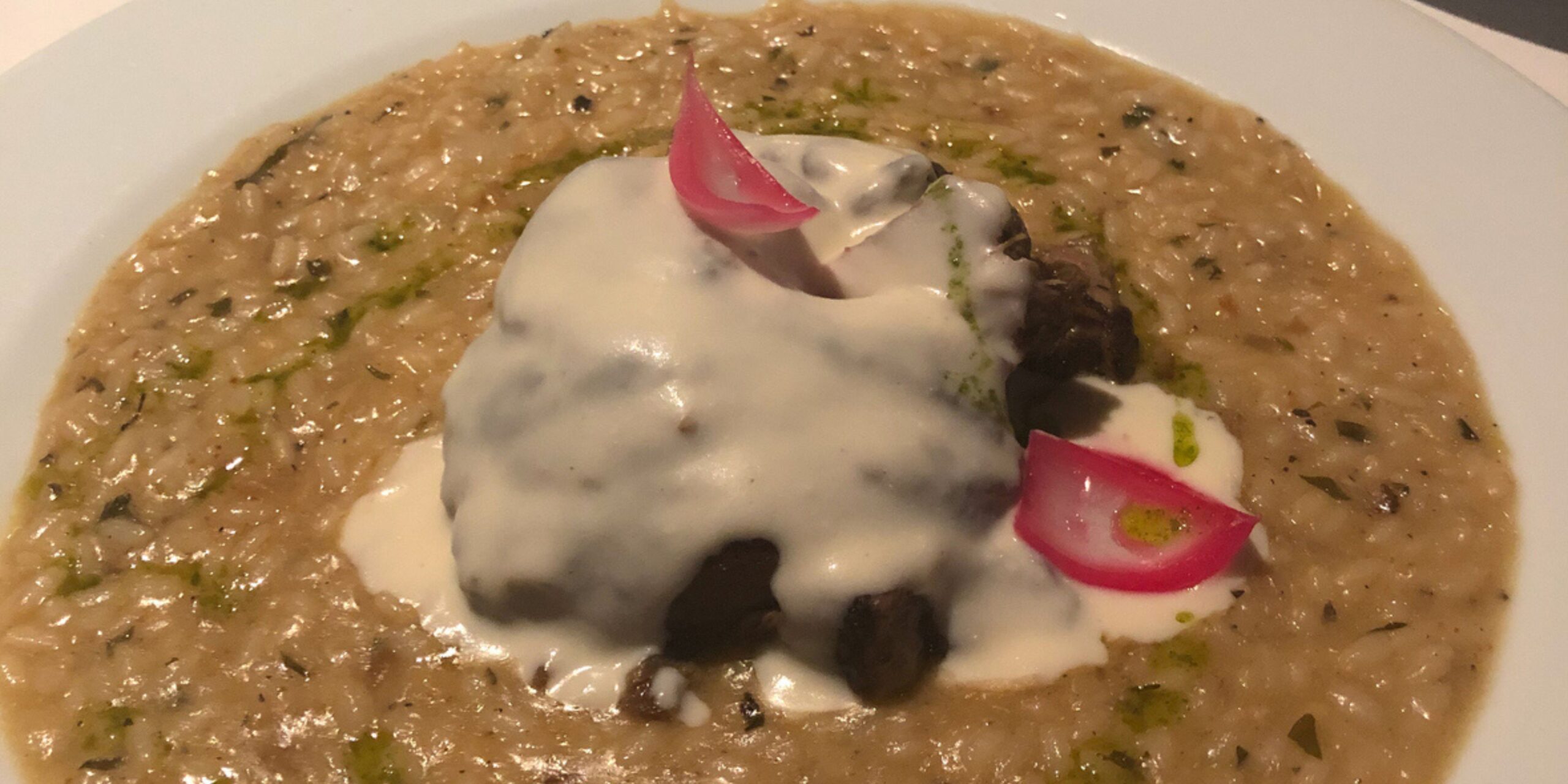 Gamopilafo with a creamy sauce, garnished with herbs and radish slices.