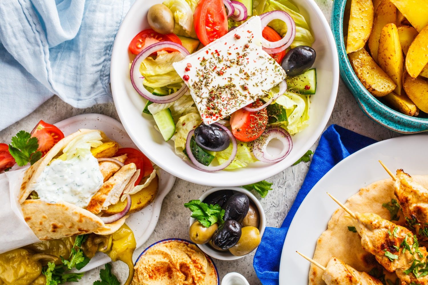 greek food, gyros, 
 greek salad, feta cheese, tzatziki, olives
