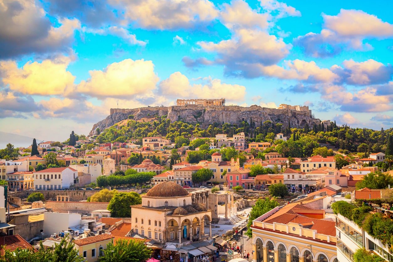 View of monastiraki square and Acropolis in Athens Greece