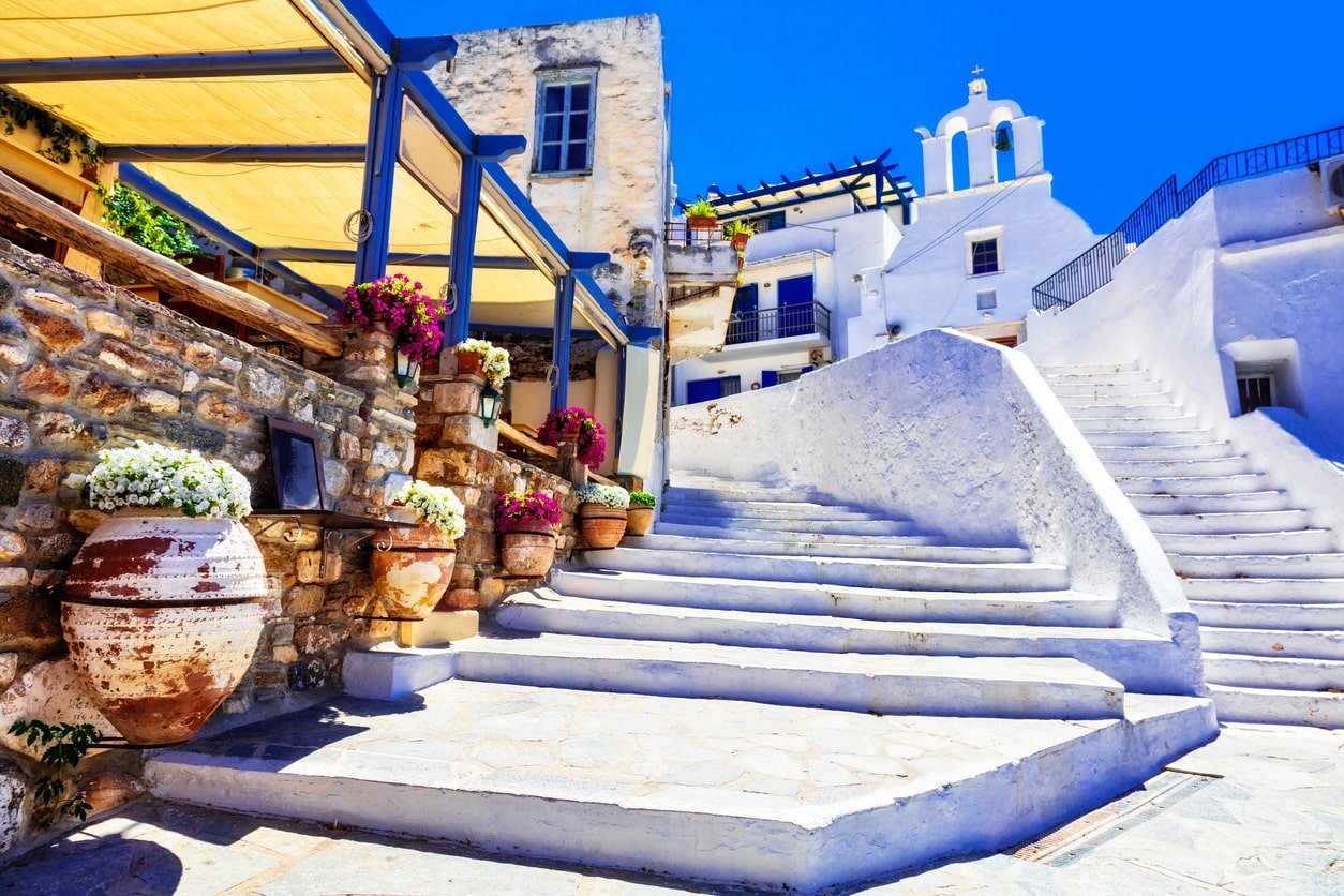 floral streets with tavernas, Naxos island