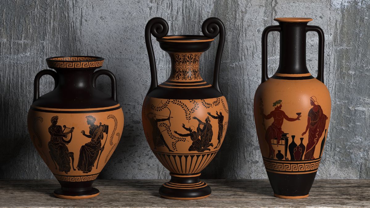 Three ancient Greek vases with black-figure pottery designs, featuring scenes of Greek mythology and daily life, stand against a textured grey wall on a wooden surface. The vase on the left depicts a figure playing a lyre, the middle one illustrates a hunting scene, and the vase on the right shows a figure holding a wine cup, indicative of a symposium scene.