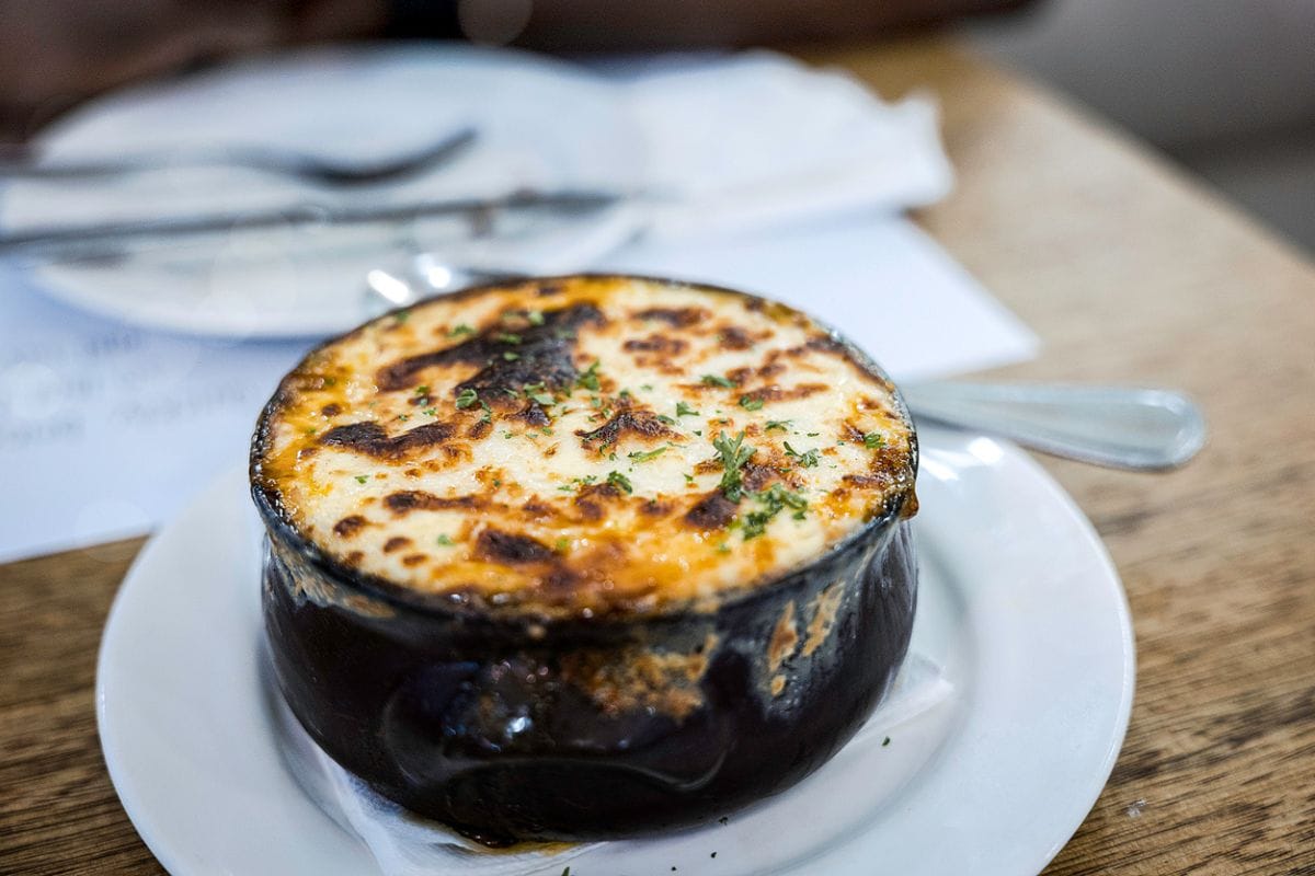 Moussaka is a very typical Greek dish. It is an eggplant- or potato-based dish and very similar to Shepherd's pie. What we had at a Greek restaurant was eggplant-based.