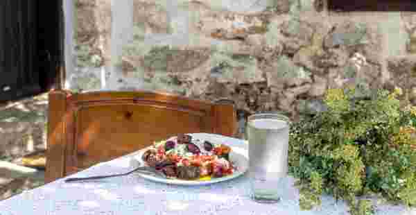 National Cretan, Greek snack (dakos). Crackers with grated tomatoes, feta cheese, oregano, olives and olive oil on a table in the patio close-up_cretan diet Cretan food_feature_cretan diet