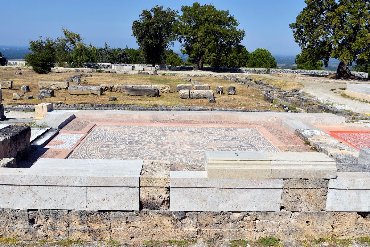 A mosaic floor and stone ruins at the archaeological site of Vergina, framed by greenery in the distance.
