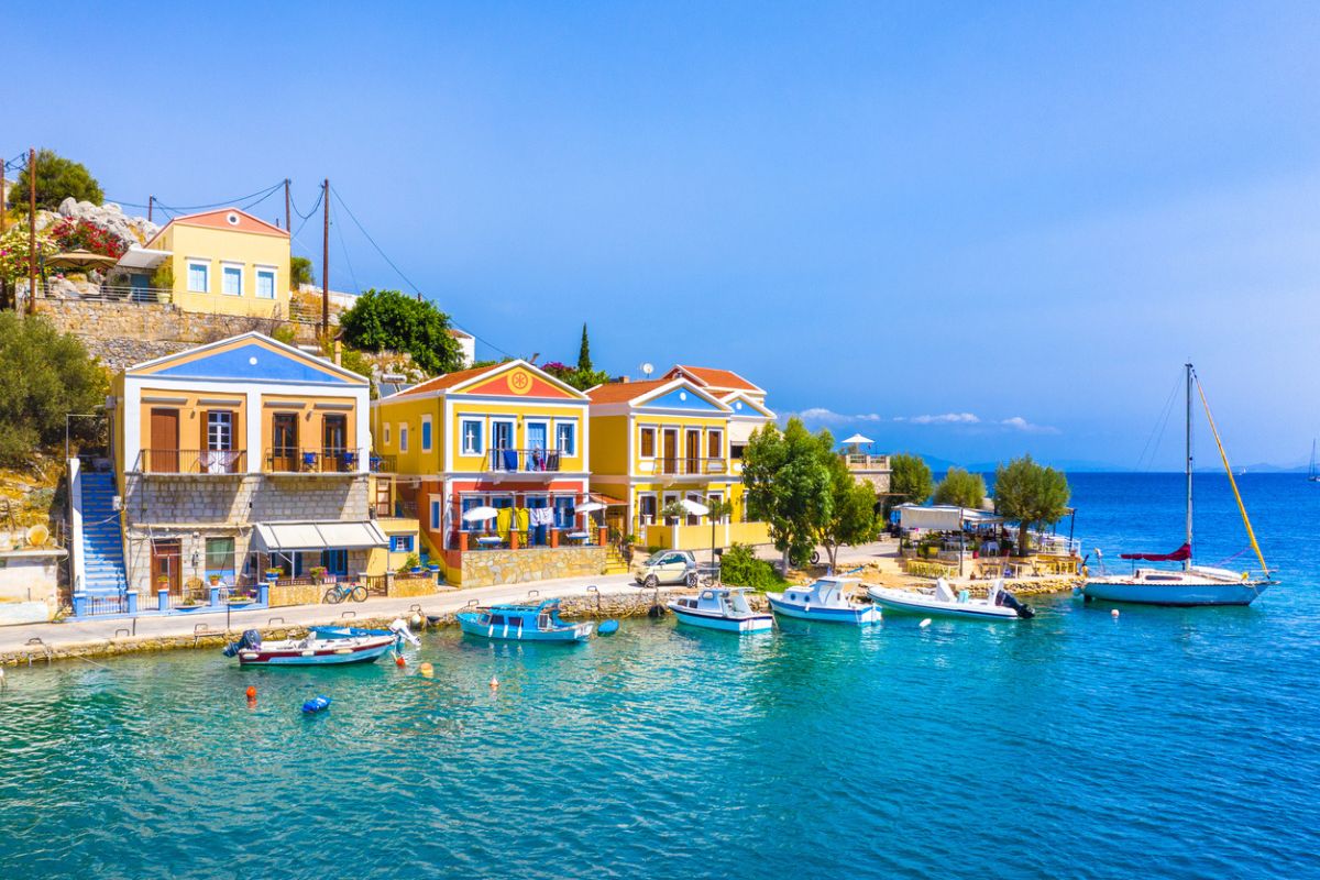 Colorful houses village in Symi island, Dodecanese islands, Greece.