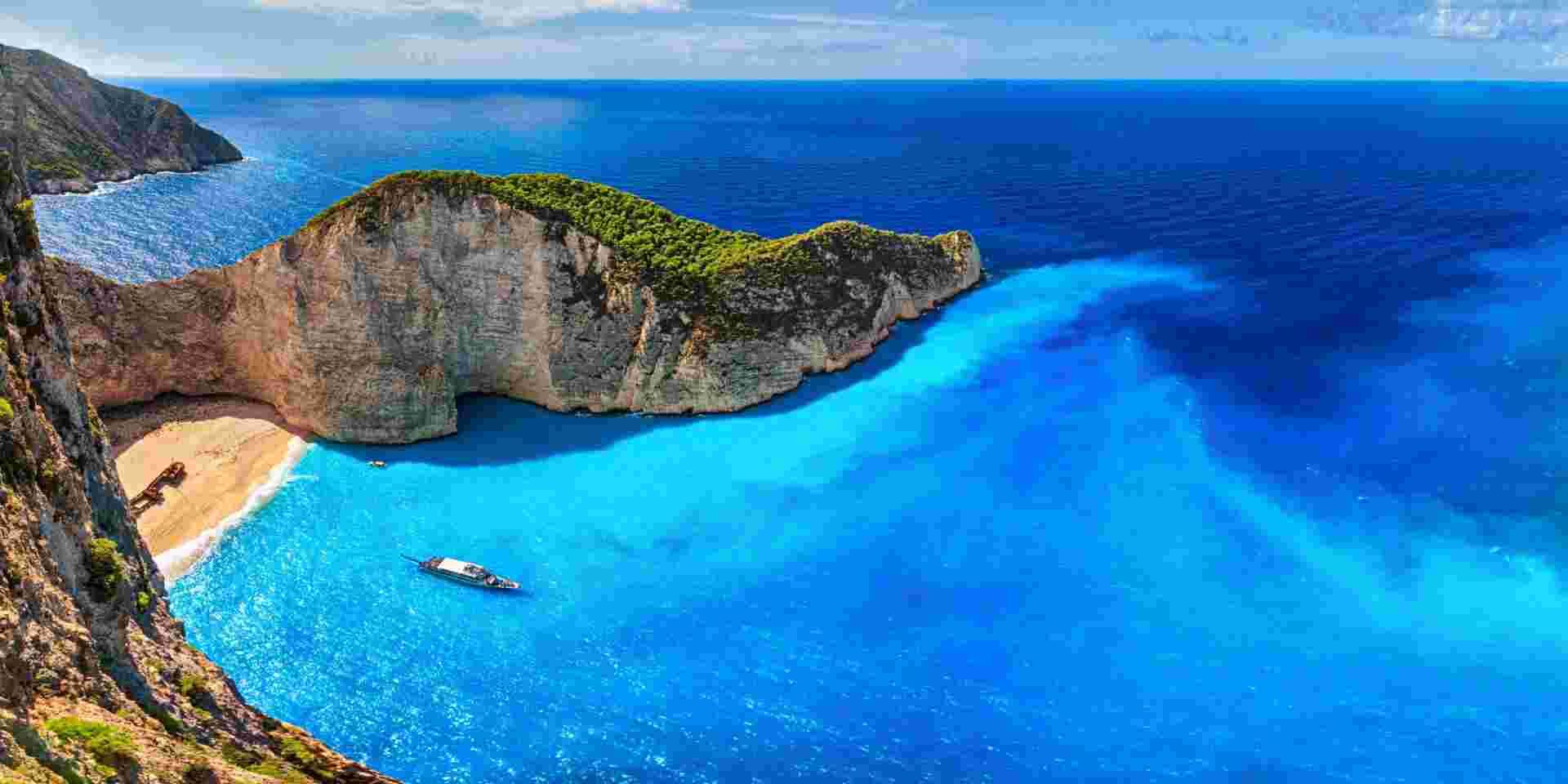 Aerial view of Navagio Beach (Shipwreck Beach), Zakynthos island, Greece. Navagio beach Zakynthos_feature