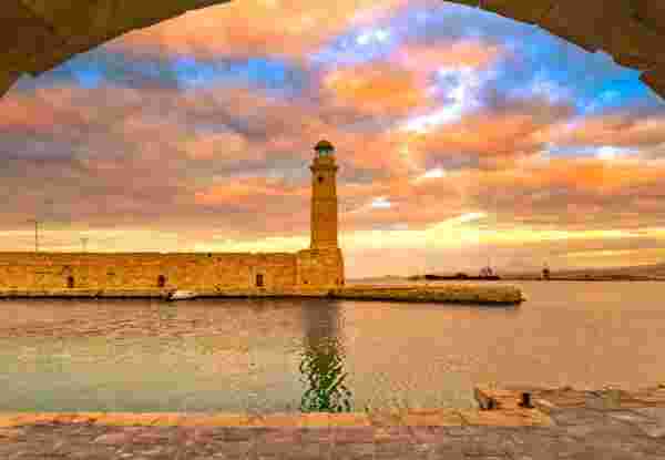 Rethymno city at Crete island in Greece. The old venetian harbor. Rethymno venetian harbor_feature