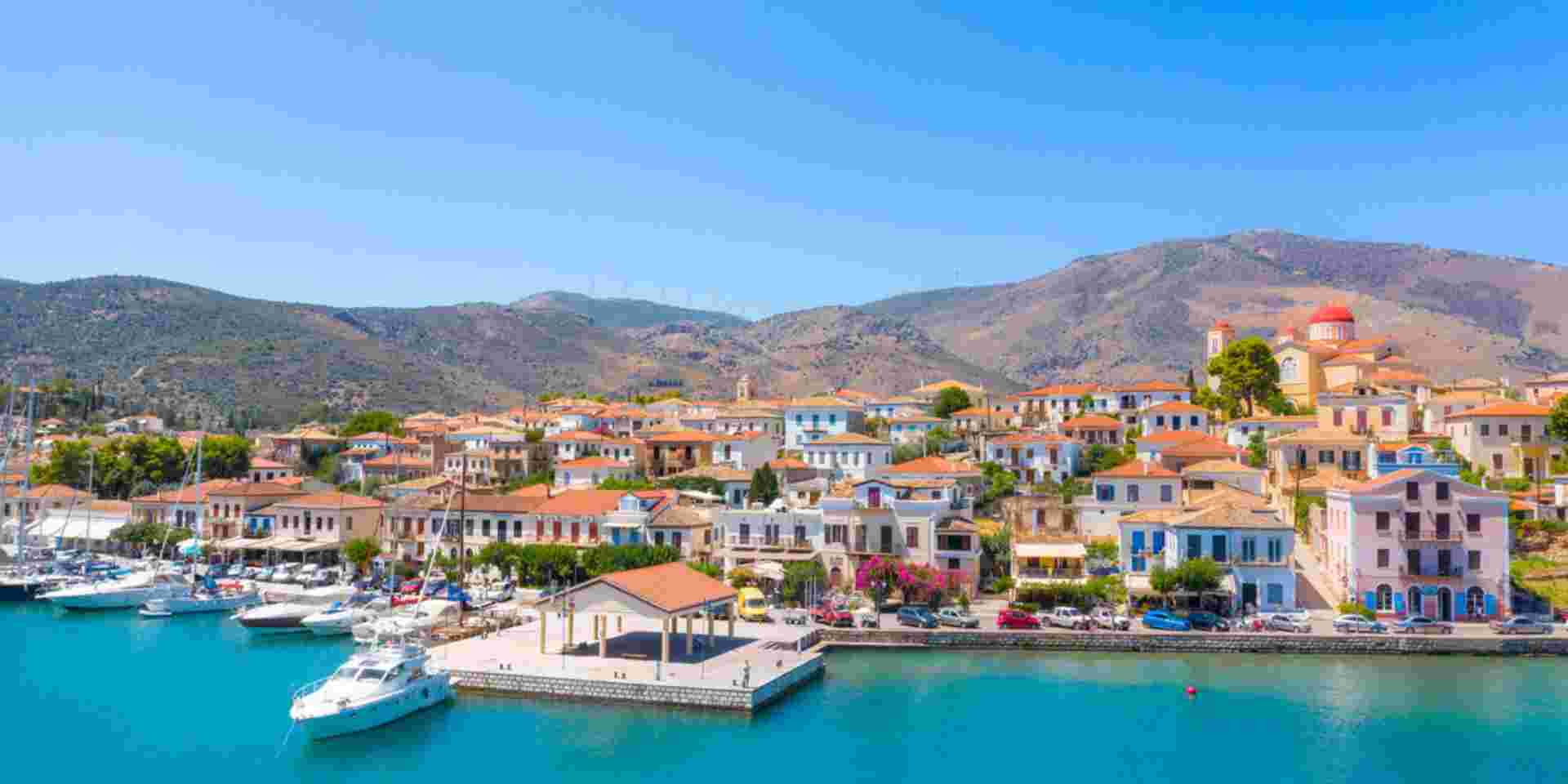 Scenic aerial view of Galaxidi village with colorful buildings, Greece Galaxidi_feature