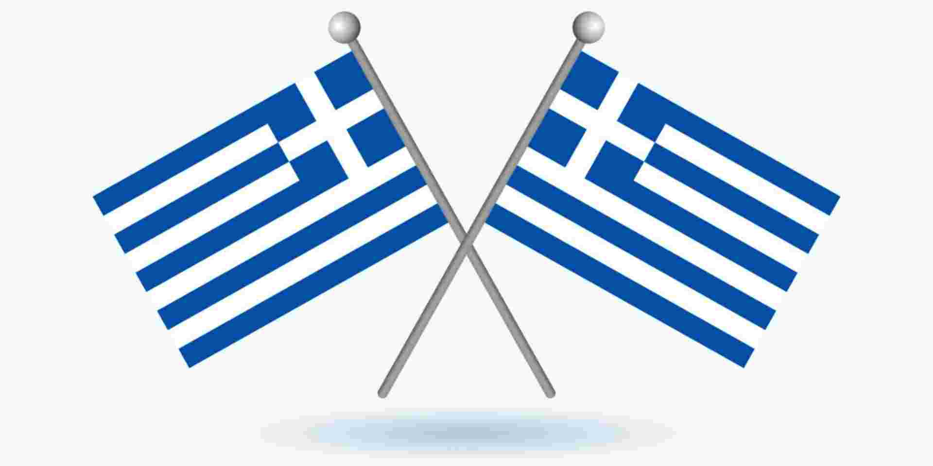 Two crossed Greek flags on a pole icon vector isolated on a gray background. Flag of Greece design element. October 28 each year. Important day_ohi day Oxi day_feature