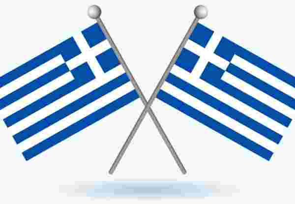 Two crossed Greek flags on a pole icon vector isolated on a gray background. Flag of Greece design element. October 28 each year. Important day_ohi day Oxi day_feature