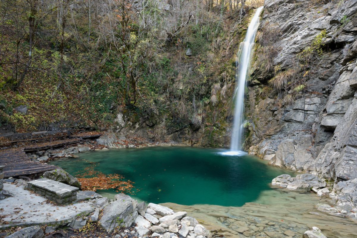 View of the Balta di Stringa waterfall near the village of Iliochori at the area of Zagori in Epirus, Greece