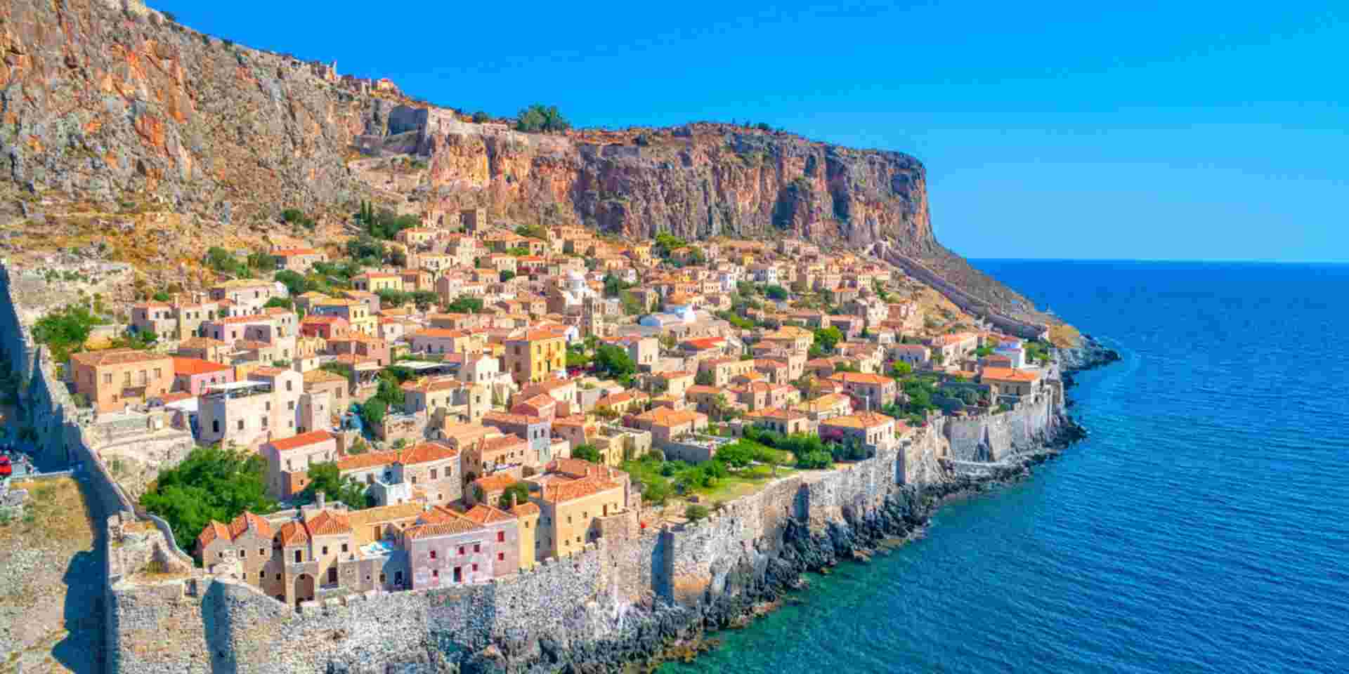 Aerial view of the old town of Monemvasia in Lakonia of Peloponnese, Greece. Monemvasia is often called Monemvasia_feature
