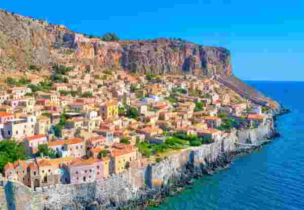 Aerial view of the old town of Monemvasia in Lakonia of Peloponnese, Greece. Monemvasia is often called Monemvasia_feature