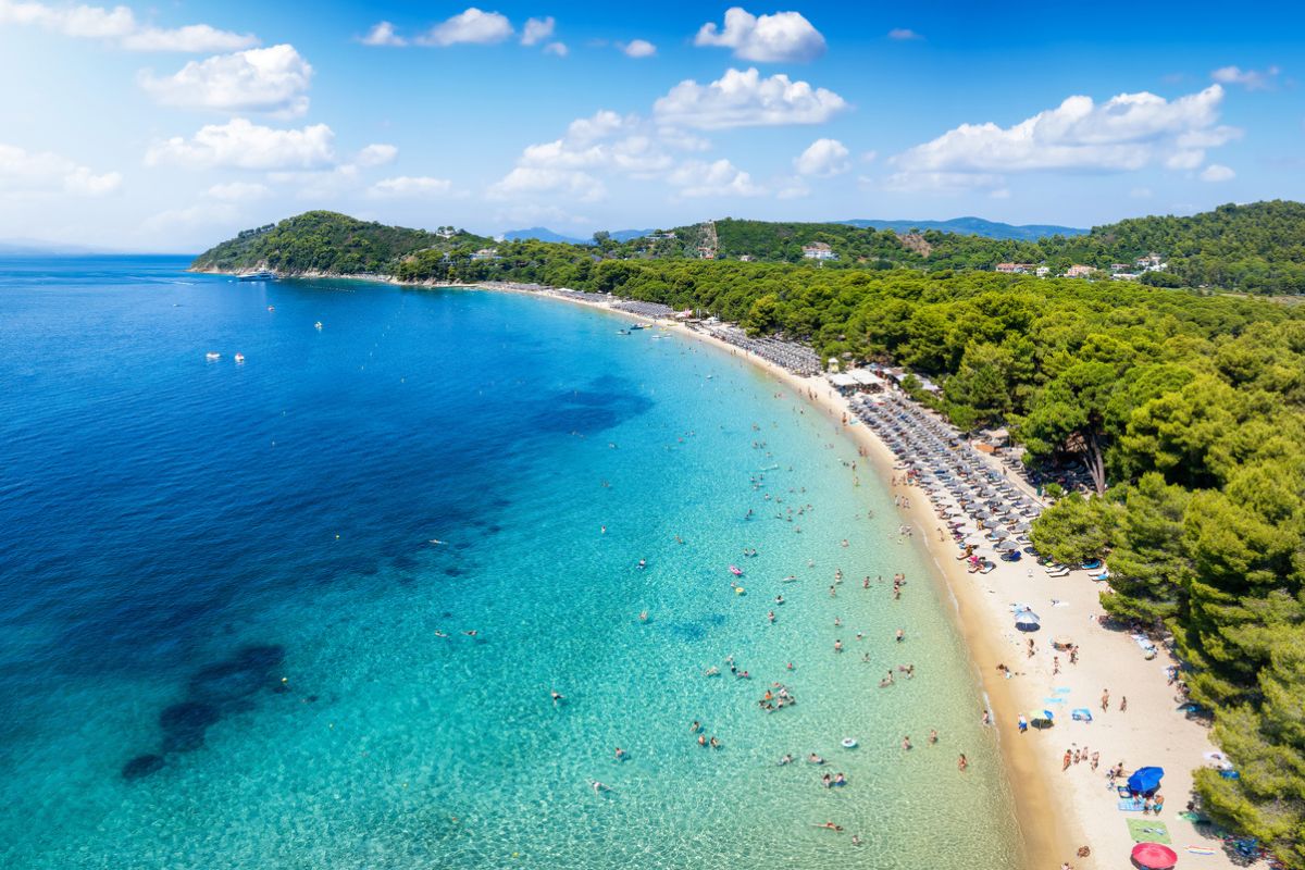 Koukounaries Beach in Skiathos features clear blue water, a sandy shore, and is lined with sunbeds and umbrellas, surrounded by lush greenery.