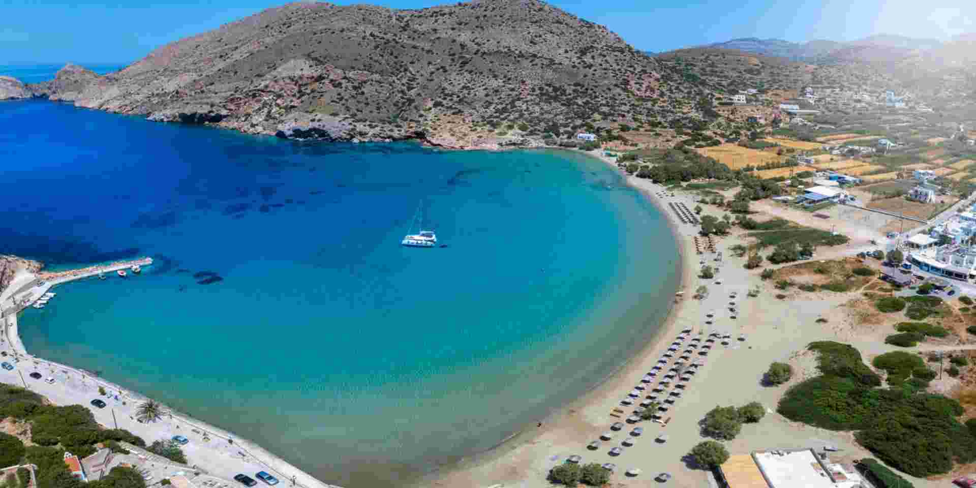 Aerial view of the beautiful Galissas beach at the west coast of Syros island, Cyclades, Greece_August 15th galissas beach_syros island_August 15th_feature