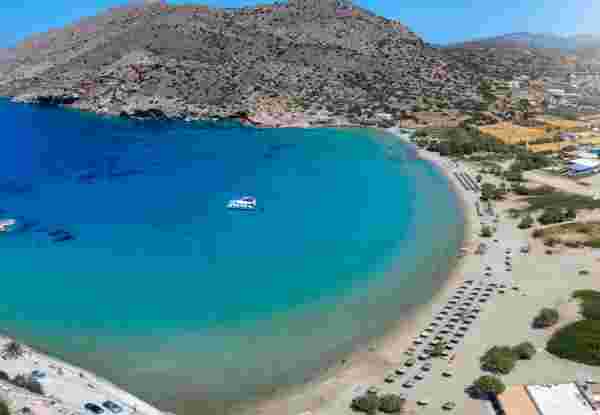 Aerial view of the beautiful Galissas beach at the west coast of Syros island, Cyclades, Greece_August 15th galissas beach_syros island_August 15th_feature