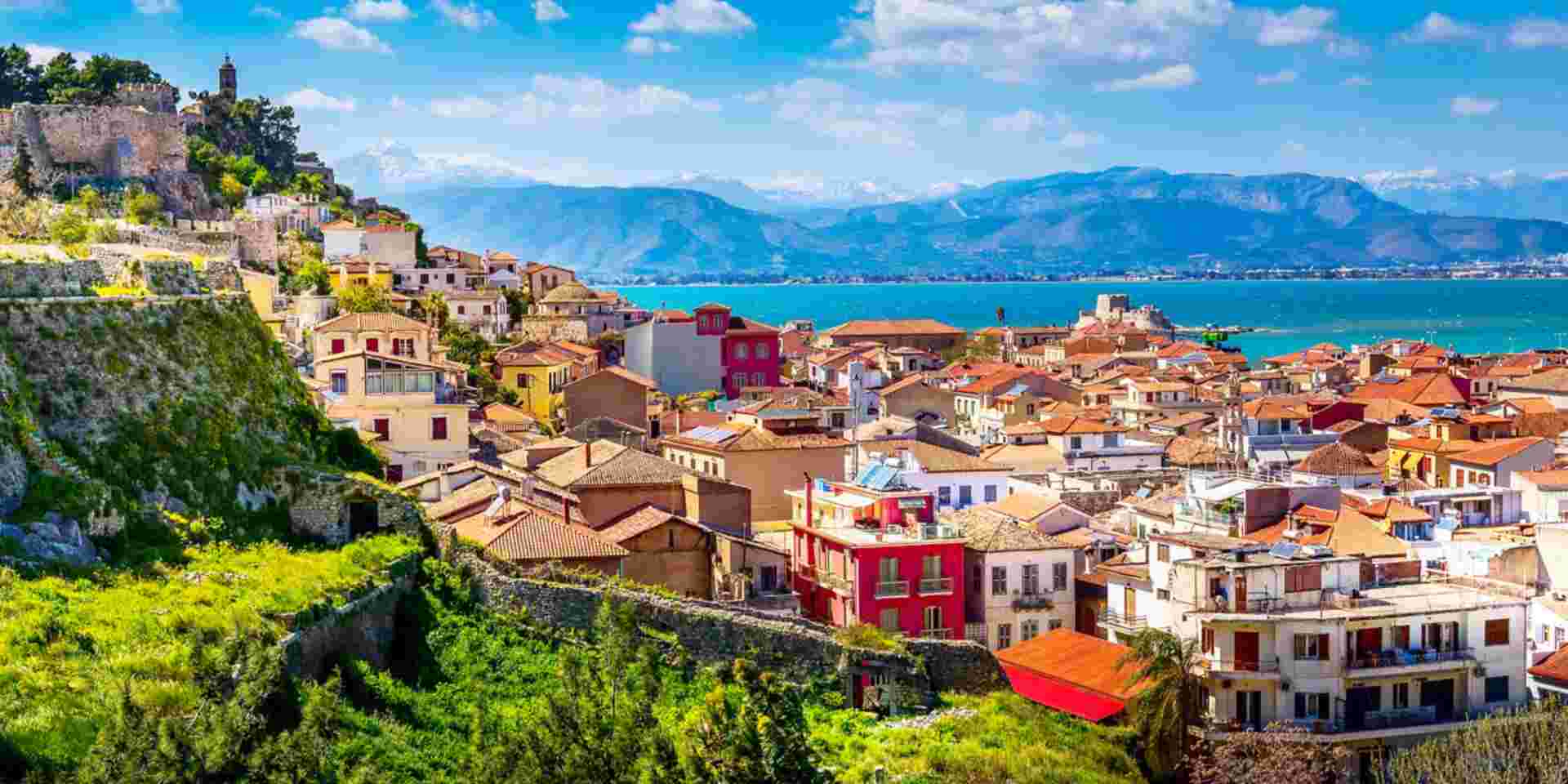 Nafplio or Nafplion, Greece, Peloponnese old town houses aerial panorama and snow mountains banner Nafplio_peloponnese_feature