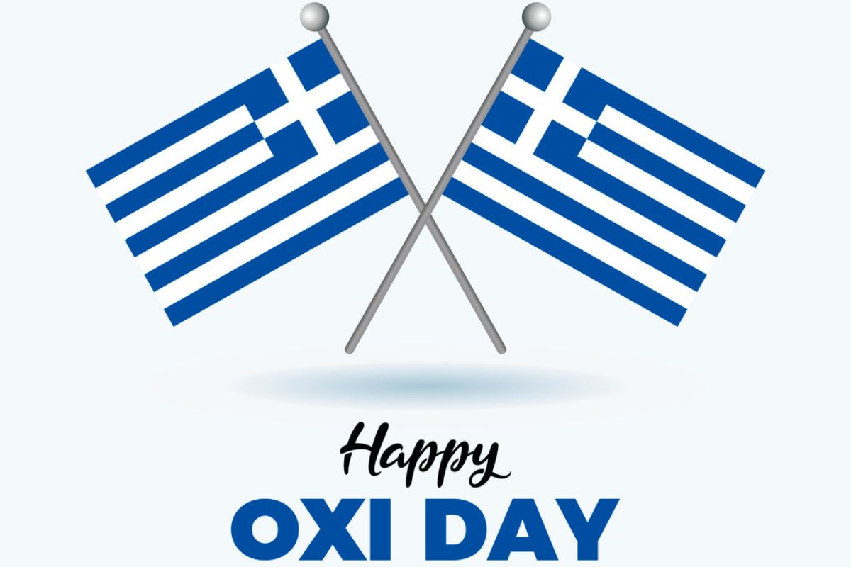 Two crossed Greek flags on a pole icon vector isolated on a gray background. Flag of Greece design element. October 28 each year. Important day_Ohi Day