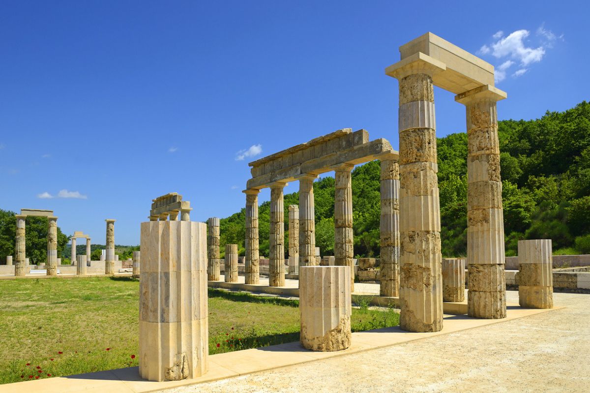 The Palace of Aigai following of restoration, Vergina, Macedonia, Greece, UNESCO World Heritage Site. The palace is where Alexander the Great was crowned king of the Macedonians