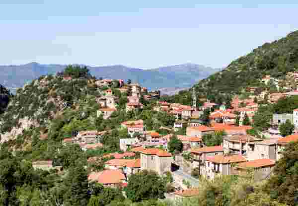 Landscape. View of the village Stemnitsa in the mountains on a summer, sunny day (district Arcadia, Peloponnese, Greece). Stemnitsa_arcadia_traditional villages greece_feature