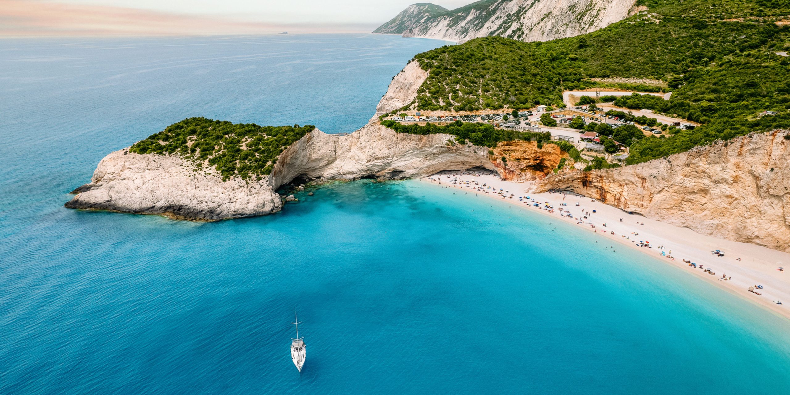 Drone view of turquoise sea and mountain in Lefkada