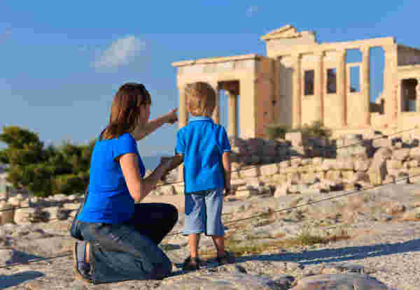 mother and son in Acropolis, Athens, Greece family in Acropolis, Athens, Greece