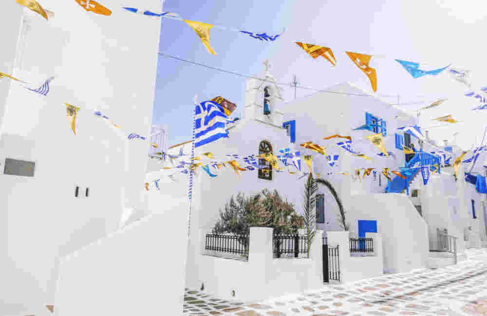 Colorful street view of Mykonos Island, Cyclades, Greece