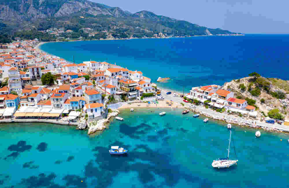 View of Kokkari fishing village with beautiful beach, Samos island, Greece