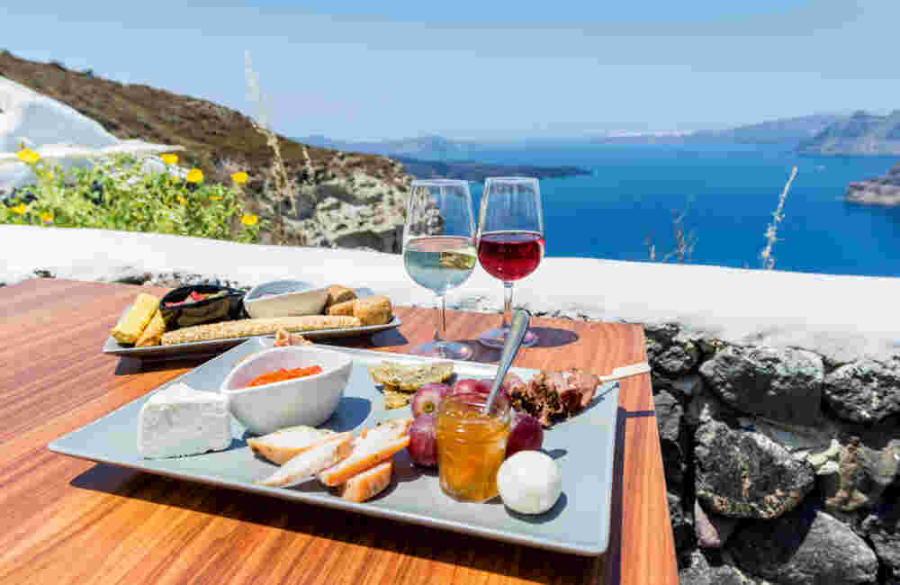 Greek food & wine with view on volcano