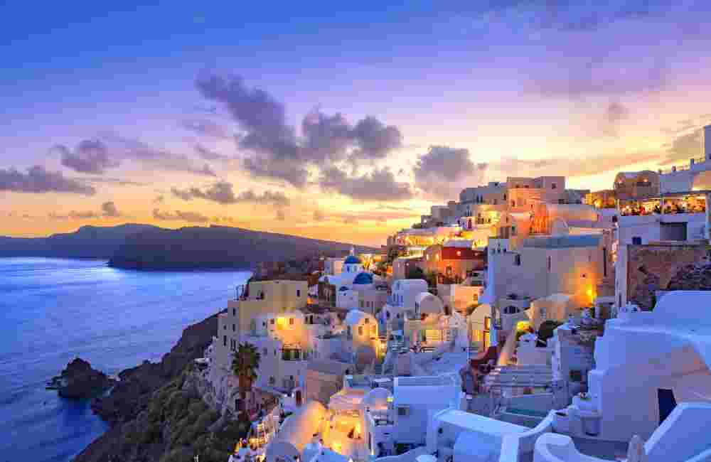 Santorini sunset at dawn village of Oia Greece
