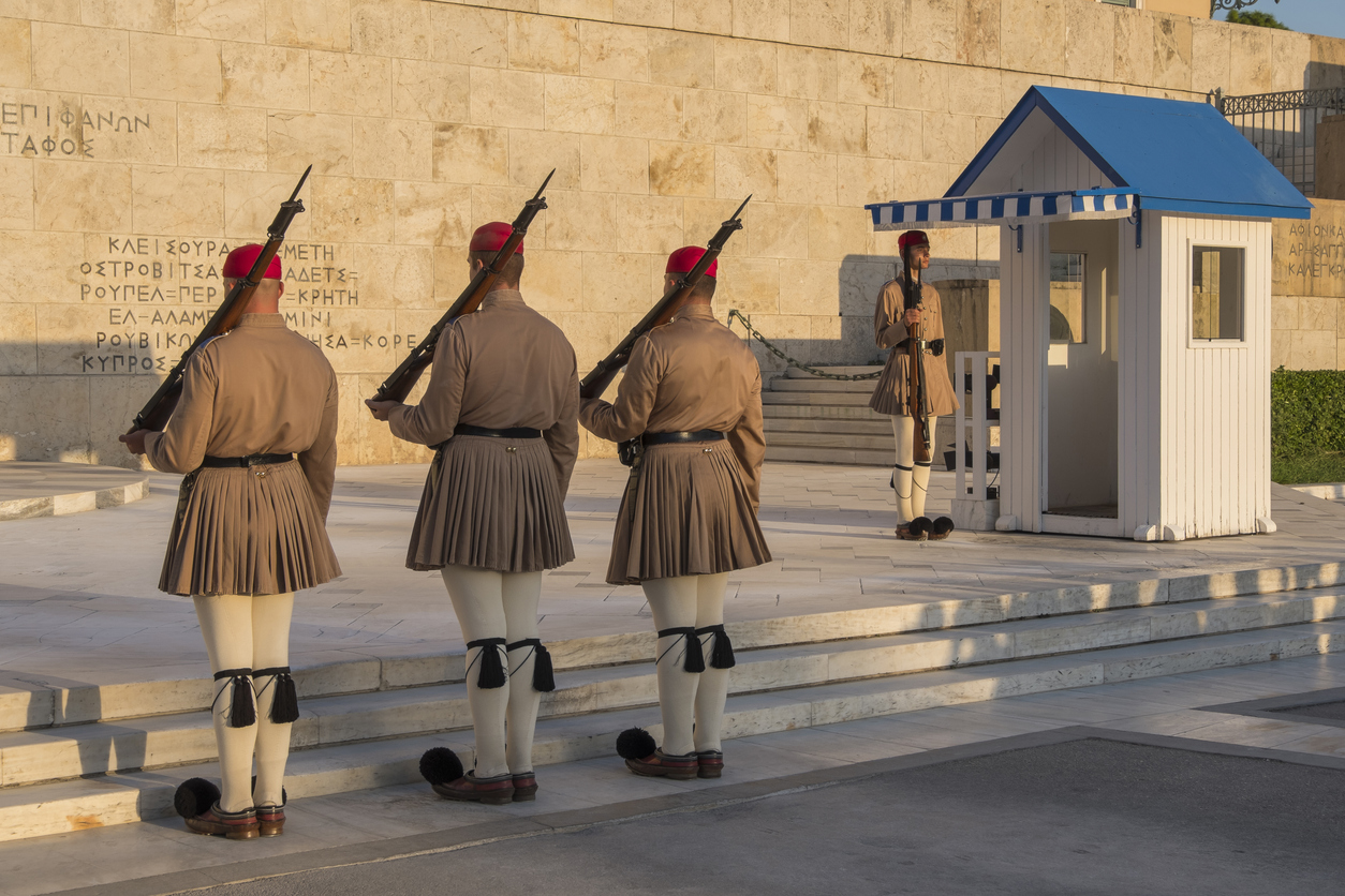 Evzone guards changing at the Monument to the Unknown Soldier in Athens