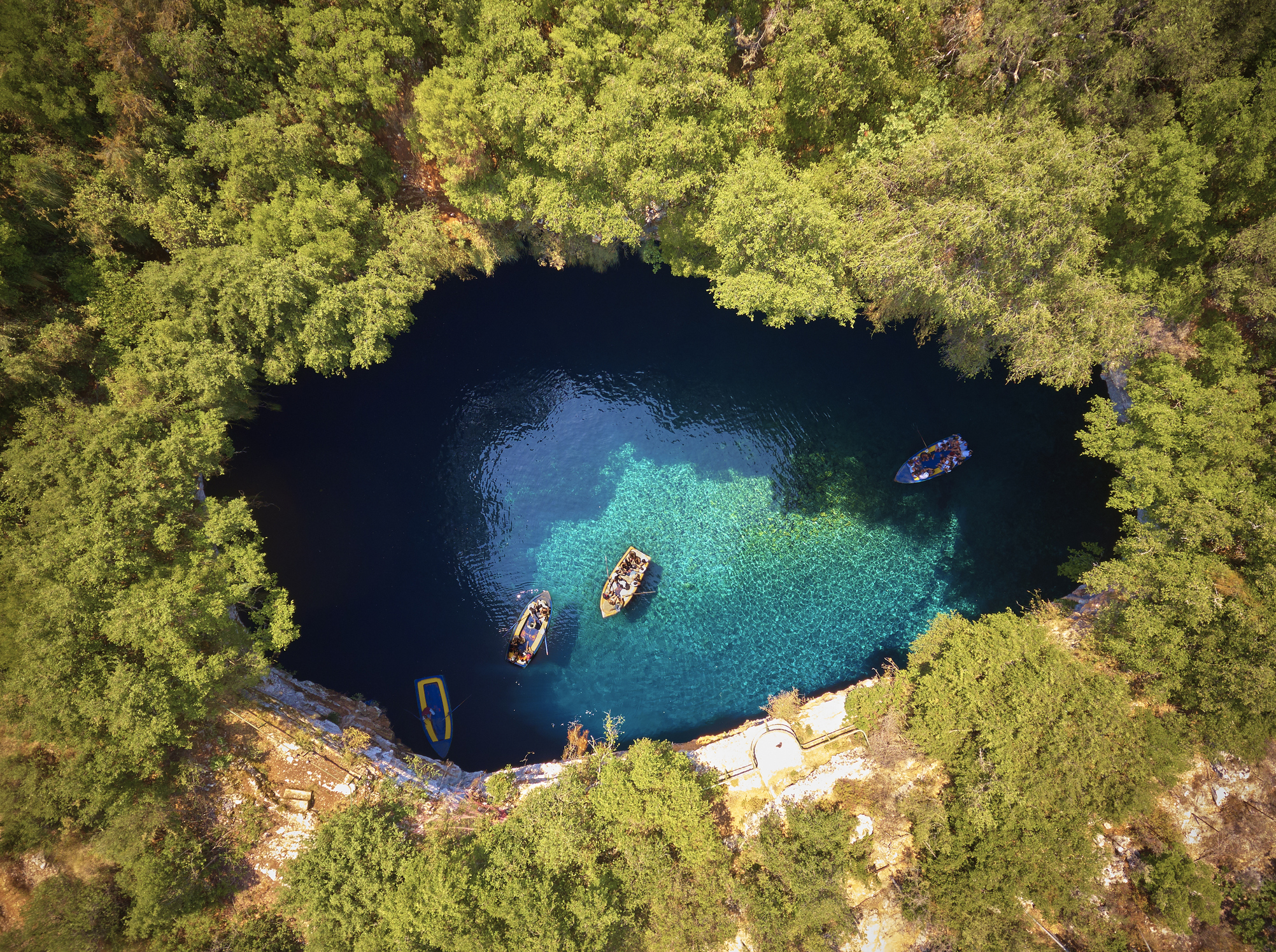 Aerial view of Melissani cave ( Melissani Lake ) in Kefalonia island, Greece