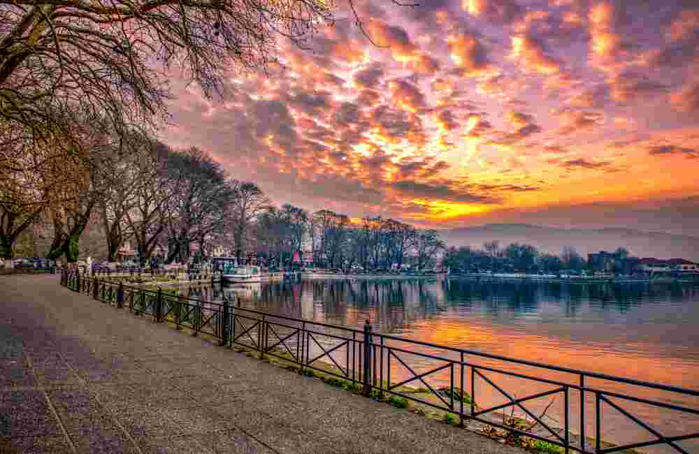 View to the lake Pamvotis at sunset. Ioannina city, Greece.