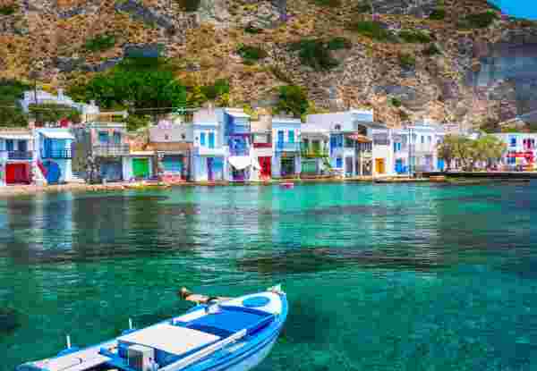 Scenic Klima village (traditional Greek village by the sea, the Cycladic-style) with sirmata - traditional fishermen's houses, Milos island, Cyclades, Greece. klima village milos_best greek islands in may_feature