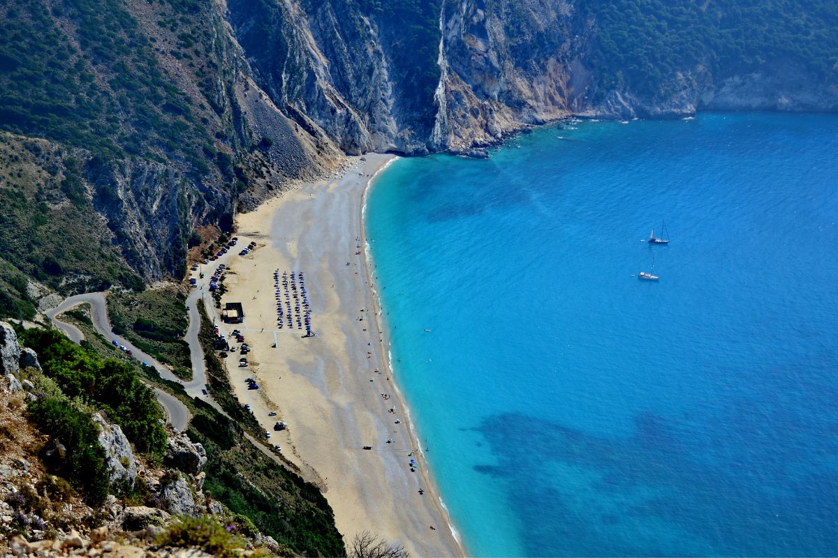 View from above on famous Myrtos beach in Kefalonia island. In the top five beaches in Greece.