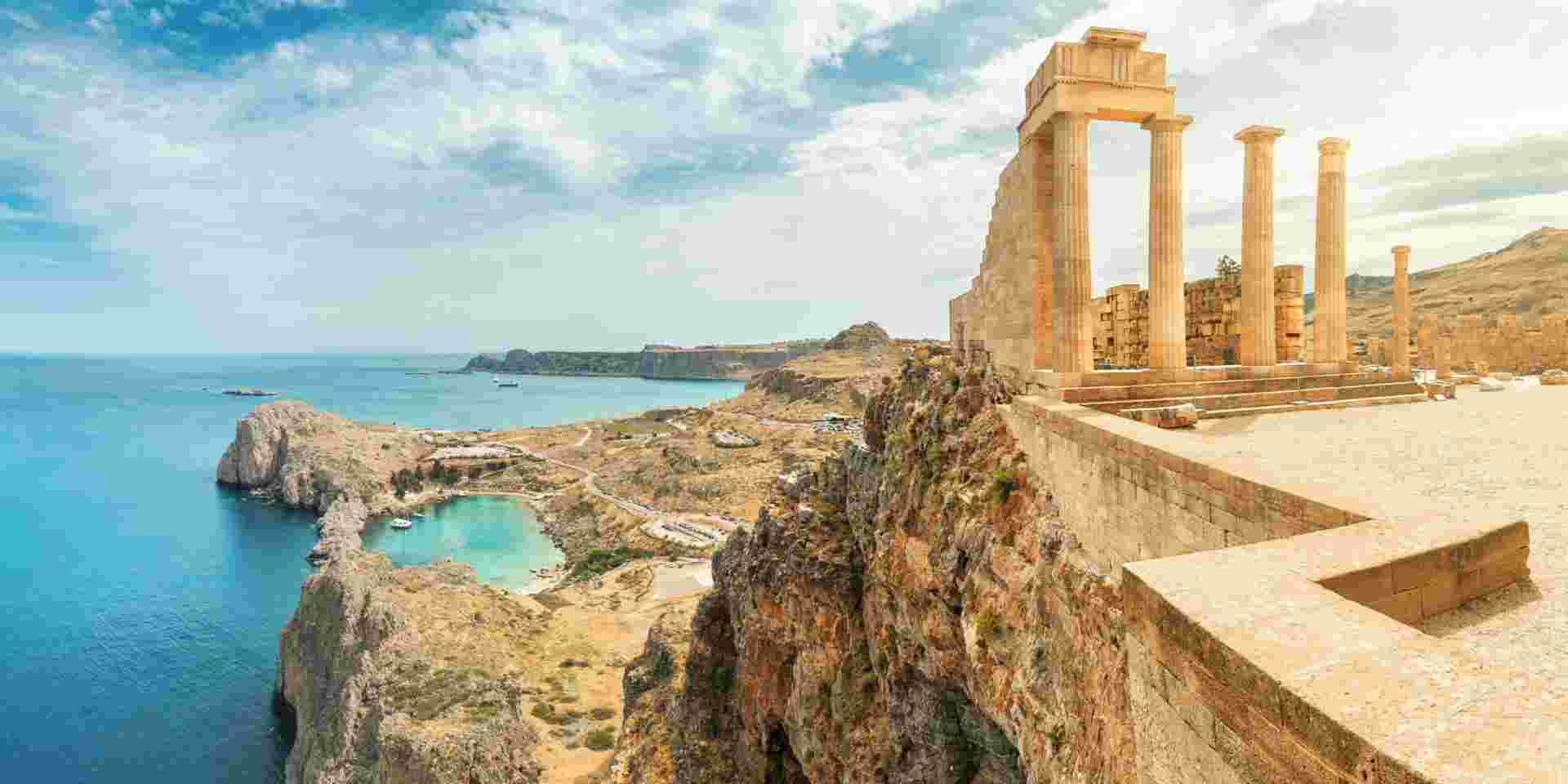 Famous tourist attraction - Acropolis of Lindos. Ancient architecture of Greece. Travel destinations of Rhodes island rhodes island_weather in greece in march_feature