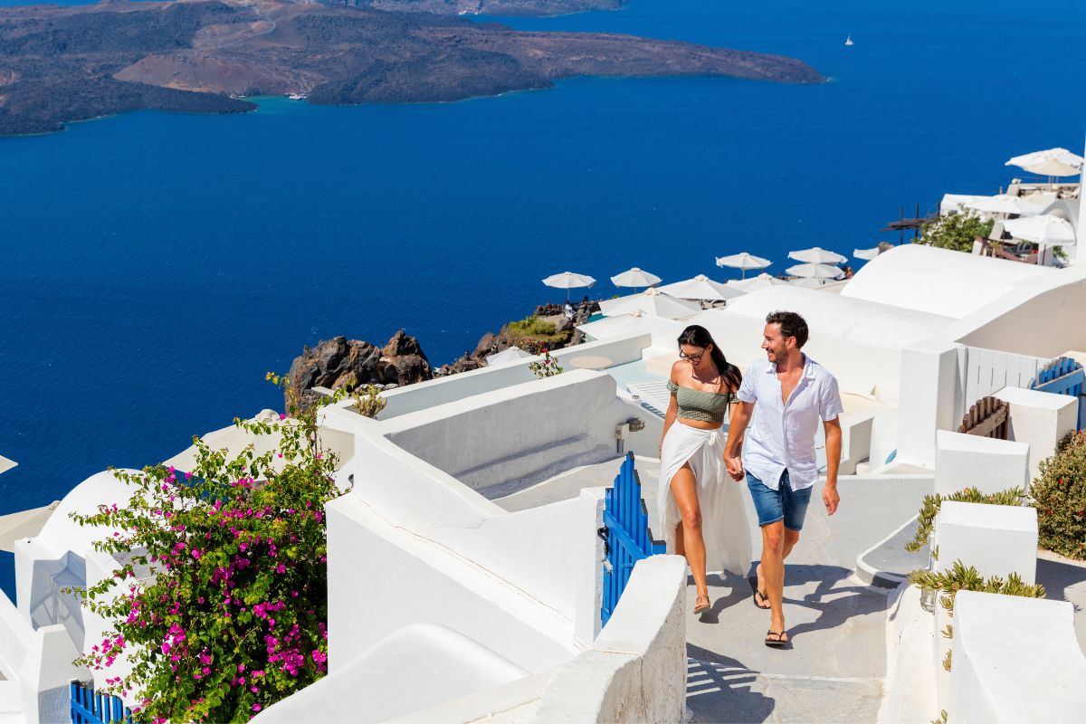 Happy romantic couple on Santorini Island