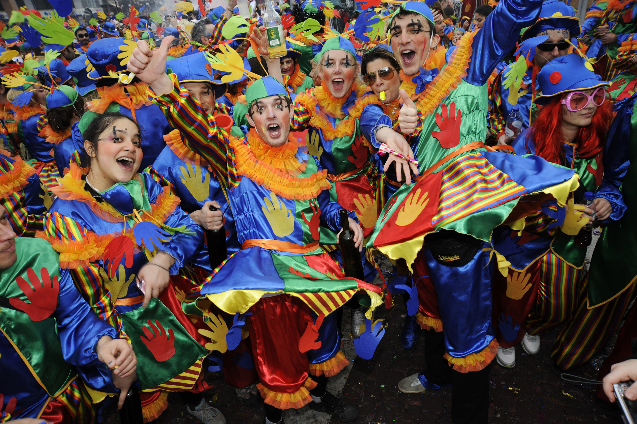Xanthi, Greece- March 6, 2011: Friends celebrating in the annual Carnival Parade in Xanthi, Greece wearing different costumes