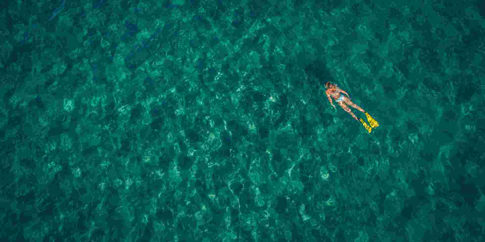 High angle view photo of a young woman diving and exploring wonderful underwater world, by using her diving equipment; wide photo dimensions snorkeling in greece_feature