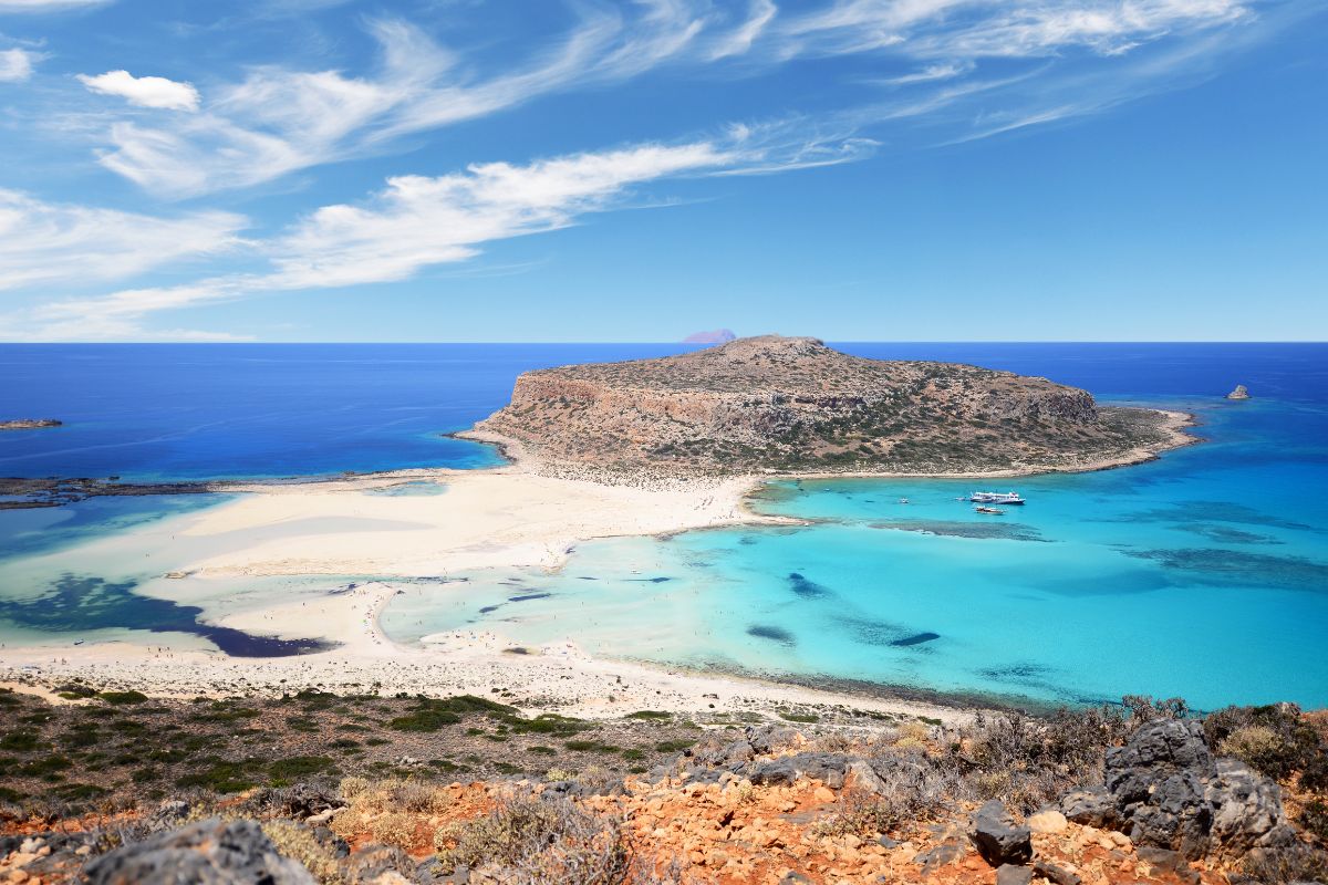 Balos Lagoon in Chania, Crete, with turquoise waters, white sand, and rocky hills under a clear blue sky.