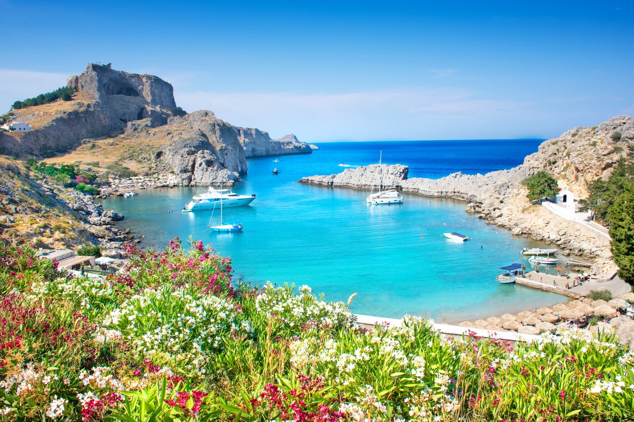 St. Paul bay with acropolis of Lindos in background (Rhodes, Greece)