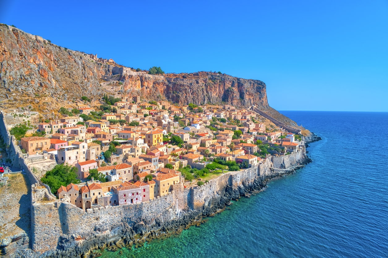 Aerial view of the old town of Monemvasia in Lakonia of Peloponnese, Greece