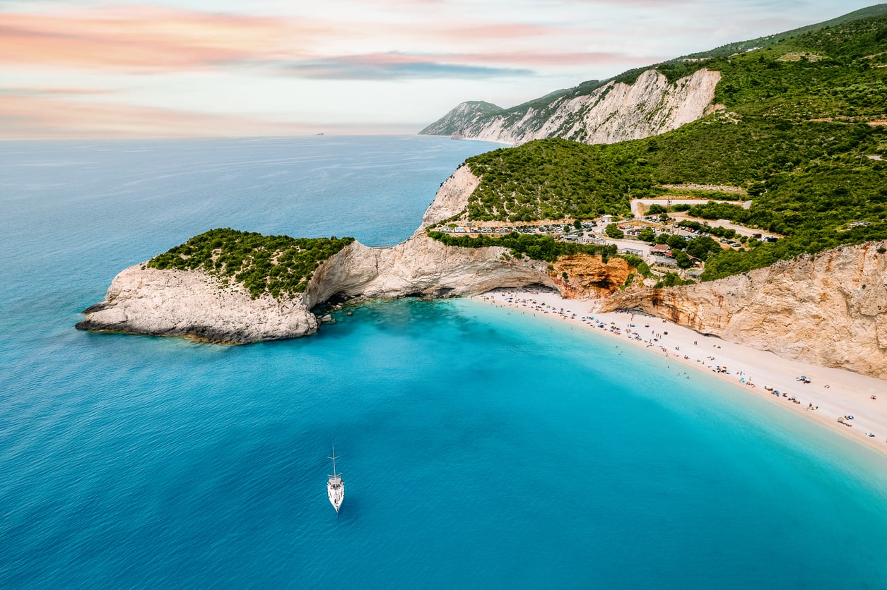 Aerial view of boat and beach on Ionian sea in Lefkada, Greece Lefkada-Greece