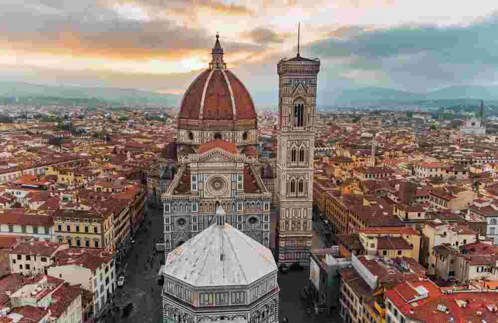 Aerial view of Piazza del Duomo in Florence, Italy
