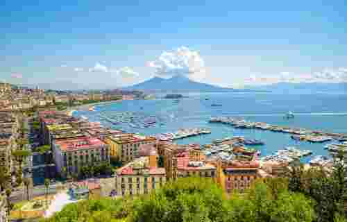 Naples, Italy. August 31, 2021. View of the Gulf of Naples from the Posillipo hill with Mount Vesuvius far in the background.