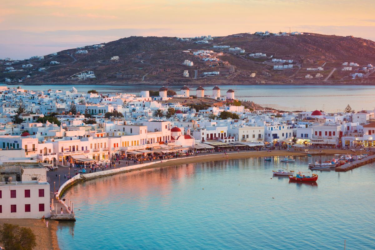 Mykonos town at dusk.