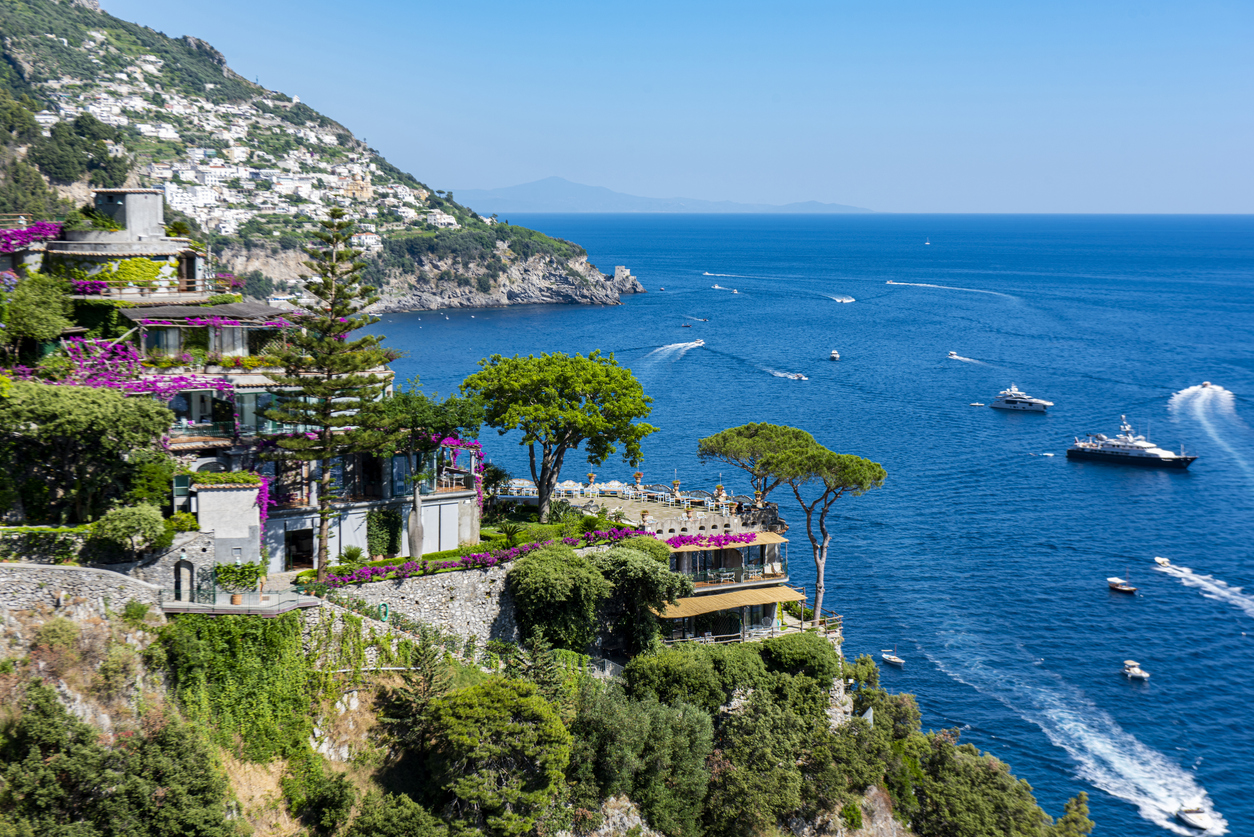 Panoramic view of Positano, a famous town at the Amalfi coast in the Tyrrhenian sea in Italy.