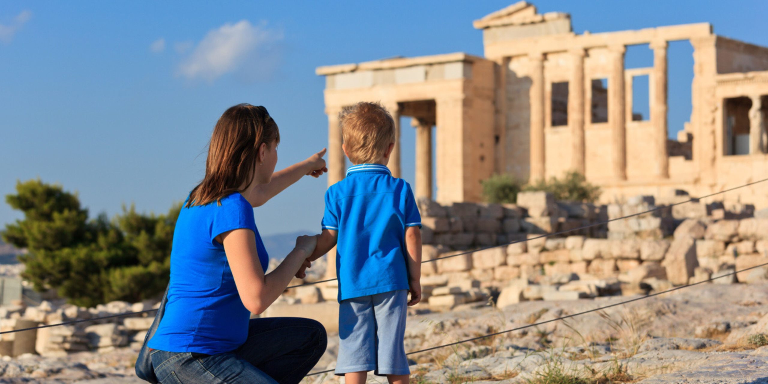 mother and son in Acropolis, Athens, Greece