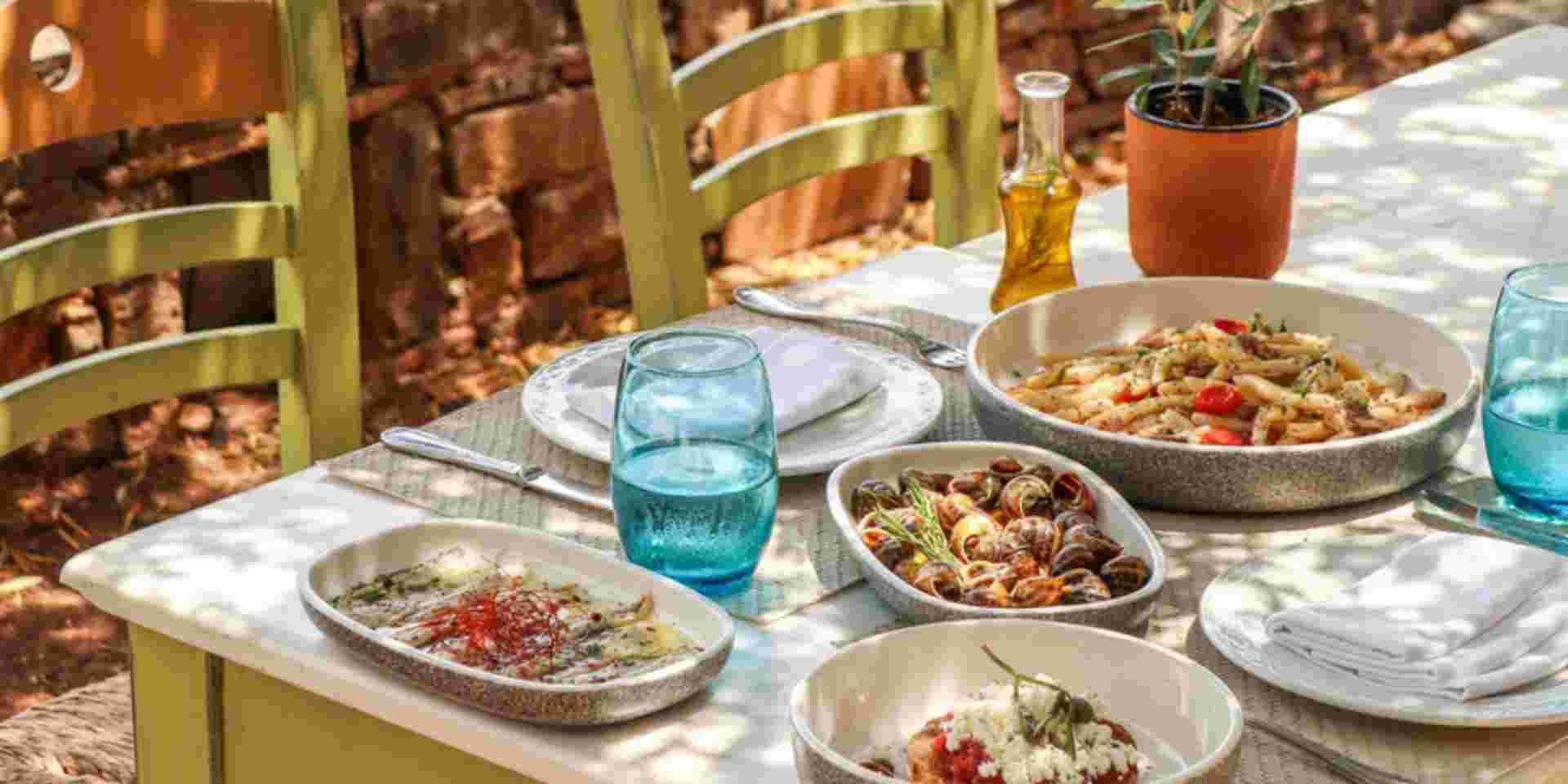 Greek Dinner Table with Food and Plates under olive trees with Cretan delicacies crete for seniors_feature